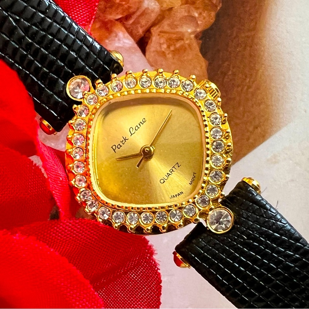 Park Lane Black Leather Watch With Gold Face & CZ Diamond Accents 1…